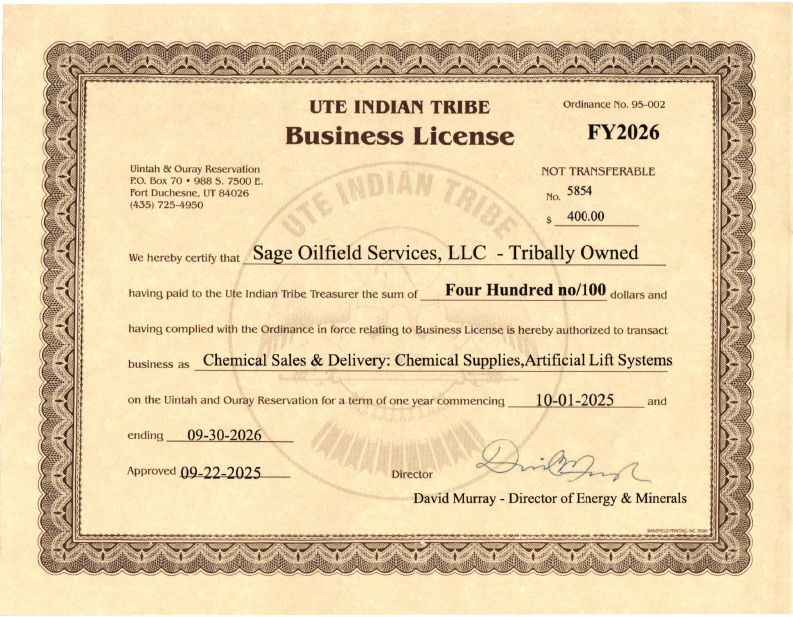 2026 Business License Signed By Ute Tribe 